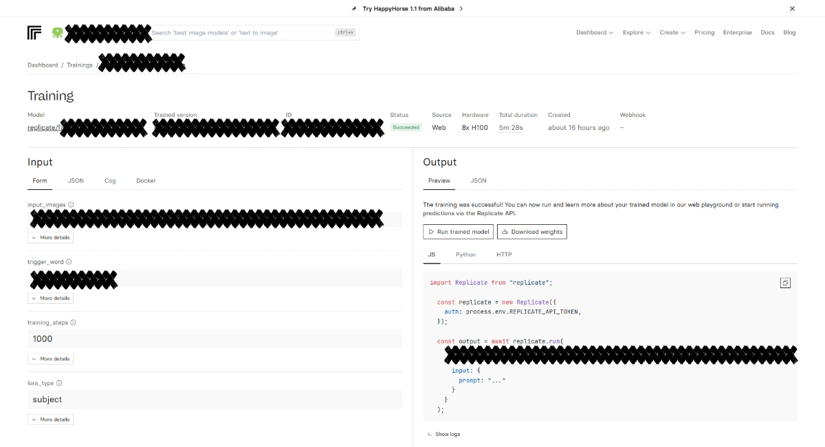 Successful FLUX character-model training displayed in Replicate.