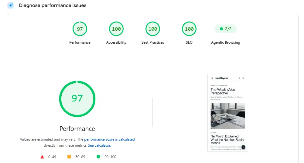 Mobile PageSpeed Insights result demonstrating how to plan a WordPress website for speed and performance.