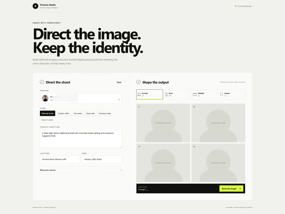 Private AI influencer image studio with scene and image-generation controls.