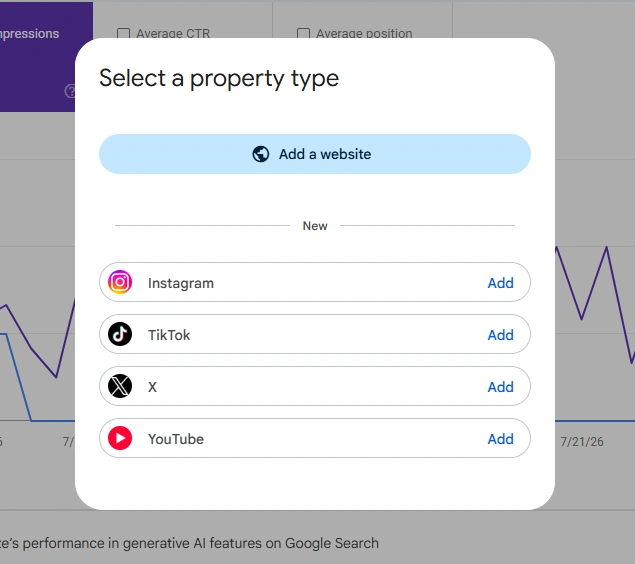 Google Search Console social media property types