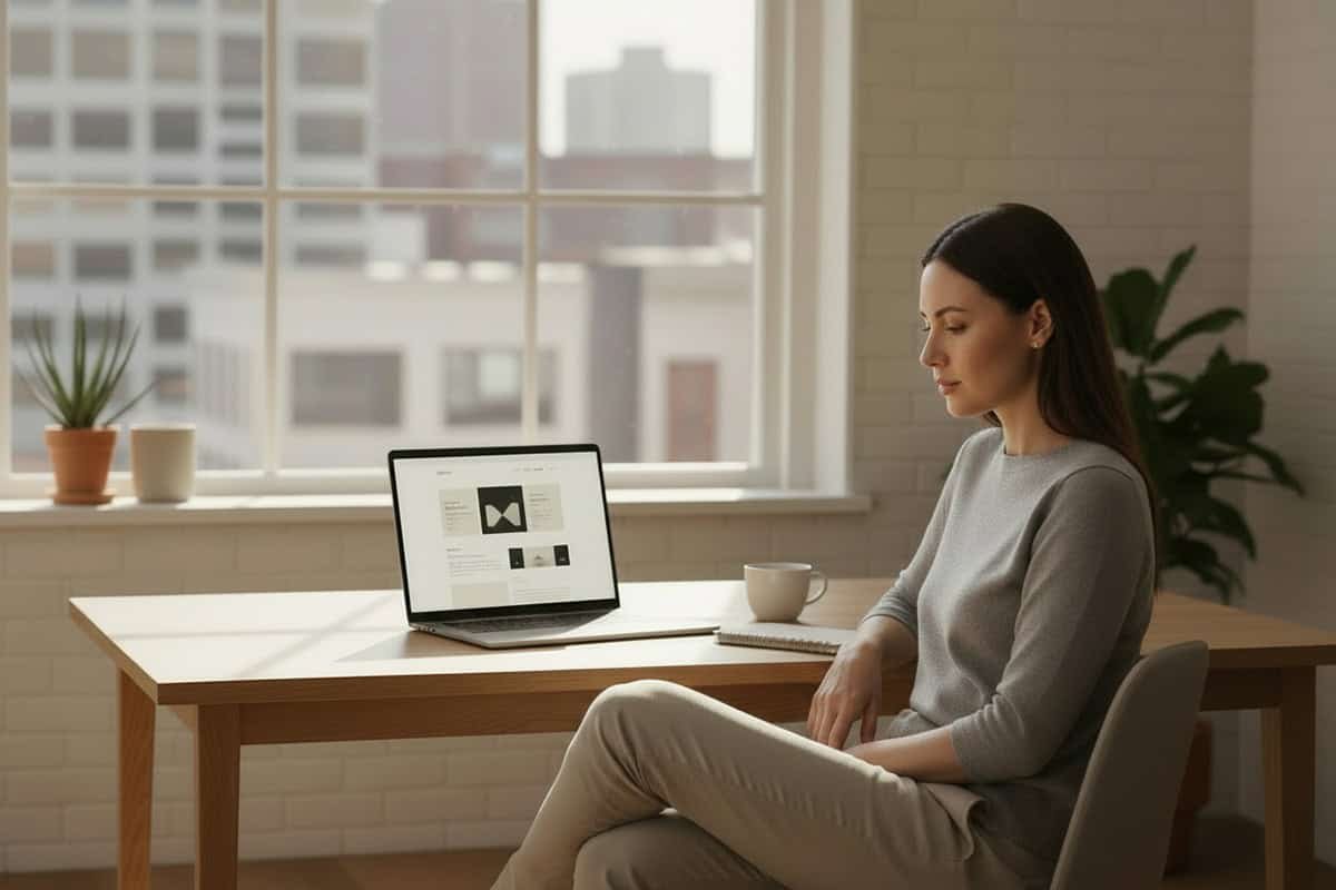 Modern American editorial workspace in natural daylight, warm soft sunlight coming through large window, clean wooden desk with slim laptop displaying a minimal structured website layout (no visible branding), subtle depth and natural contrast, composed professional individual woman seated at desk in relaxed but focused posture, modern understated clothing (neutral tones, smart casual), calm intelligent expression, light urban studio atmosphere, muted color palette (warm white, oak, soft charcoal), minimal objects on desk (notebook and coffee cup), shallow depth of field, high-resolution, crisp detail, contemporary magazine aesthetic, no startup clichés, no bright colors, refined and confident tone,the blog edit