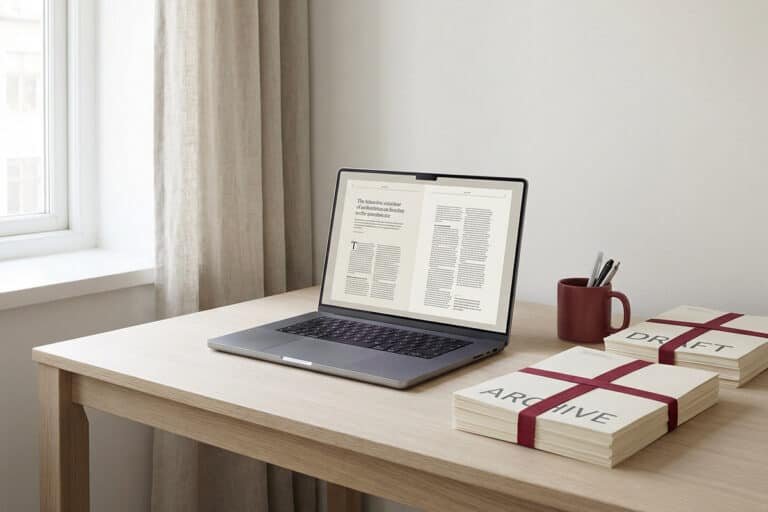 Close-up of clean printed editorial pages stacked neatly beside a laptop displaying formatted article text, warm natural light, shallow depth of field, minimal modern interior, restrained color palette, strong negative space, elegant composition, no icons, no social media graphics, high-resolution, editorial publication aesthetic