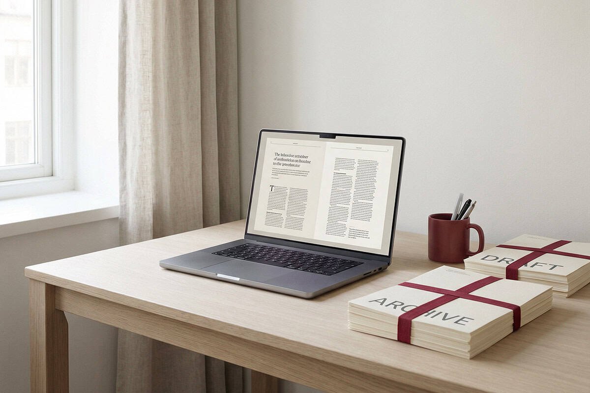 Close-up of clean printed editorial pages stacked neatly beside a laptop displaying formatted article text, warm natural light, shallow depth of field, minimal modern interior, restrained color palette, strong negative space, elegant composition, no icons, no social media graphics, high-resolution, editorial publication aesthetic