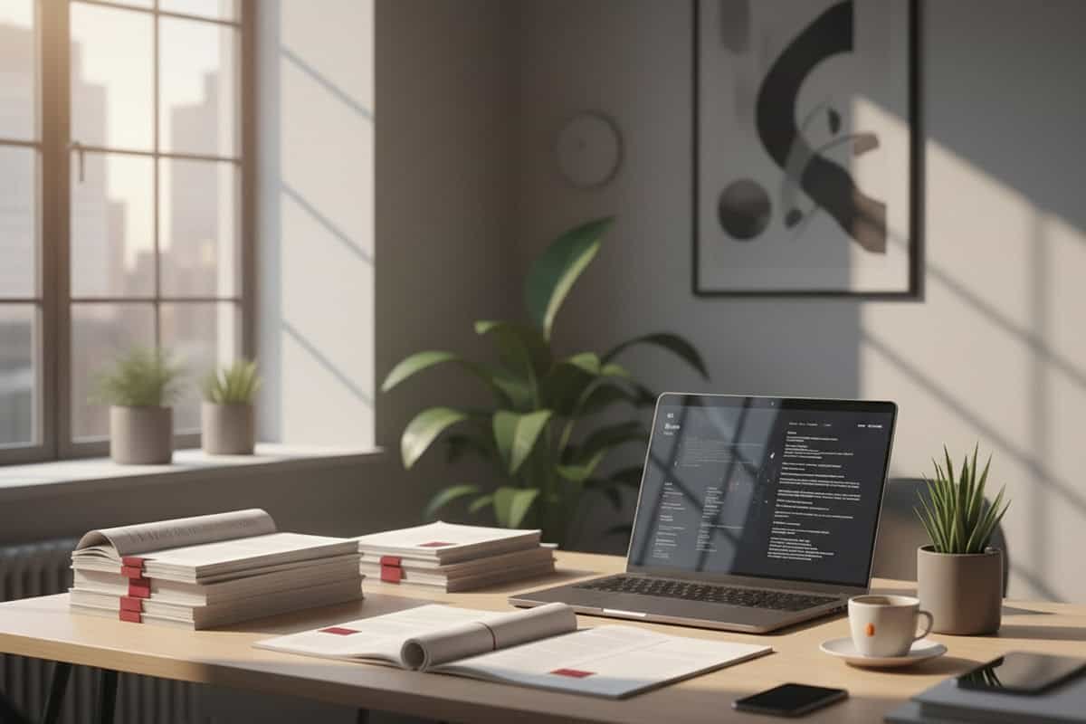 Modern editorial scene in a softly lit urban workspace, warm natural light from a large window, a minimalist desk with printed pages neatly arranged and a laptop displaying a structured text layout, subtle reflection of code or AI interface on the screen (not glowing, not futuristic), calm professional atmosphere, muted color palette (white, charcoal, deep red accent), shallow depth of field, strong composition with negative space, thoughtful mood, no clutter, no neon lighting, realistic textures, high-resolution, sharp focus, contemporary digital magazine aesthetic, why the internet needs editors