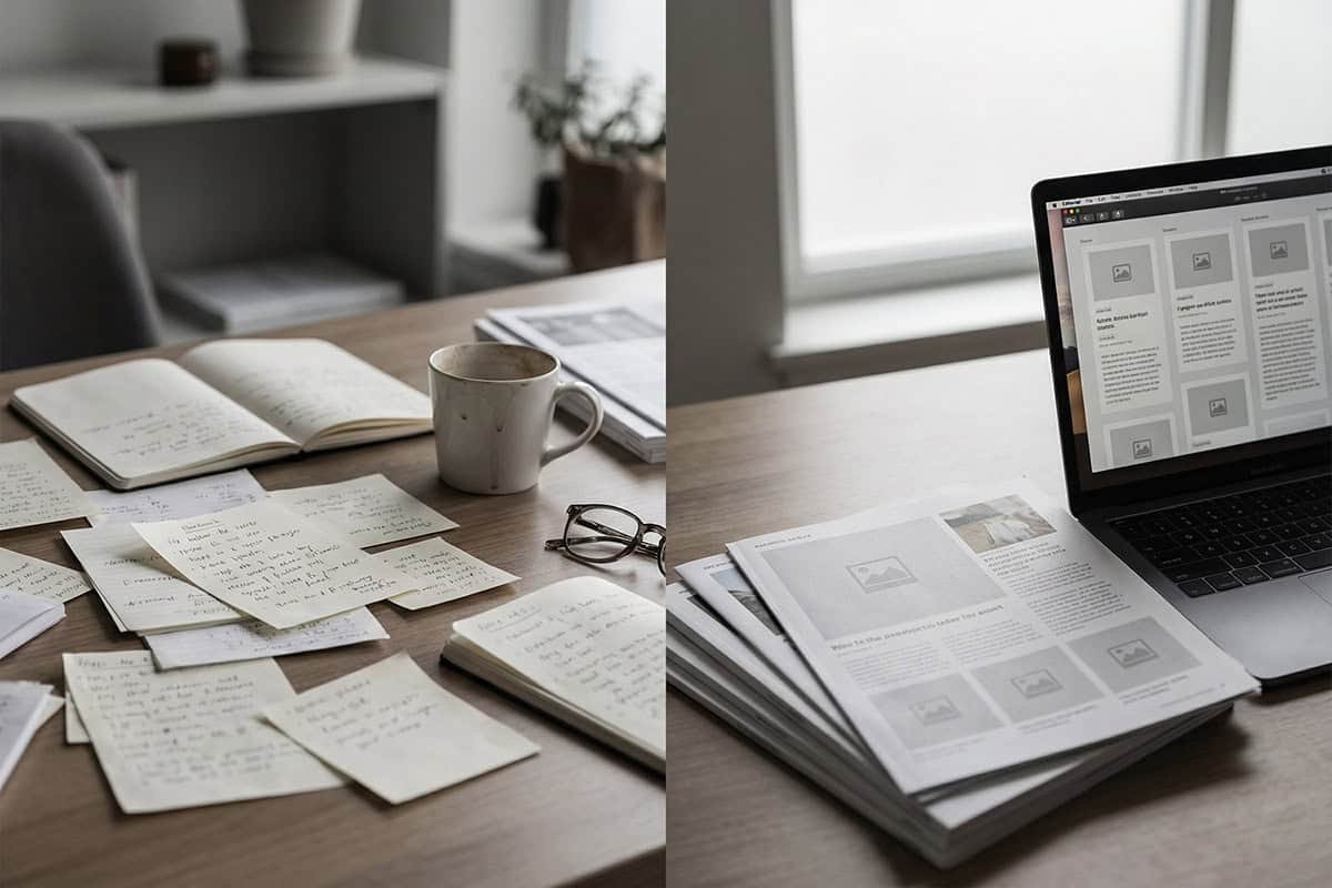 split-screen-desktop Difference Between Publishing and Posting, Editorial desk scene with one side showing scattered handwritten notes and loose paper scraps, other side neatly stacked printed articles and structured layout on laptop screen, soft natural lighting, minimalist modern setting, muted tones, no bright colors, no neon, refined magazine aesthetic, high resolution, shallow depth of field