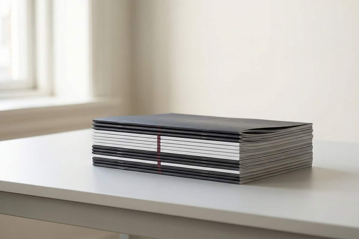Editorial discipline represented by a single aligned manuscripst on a minimalist desk