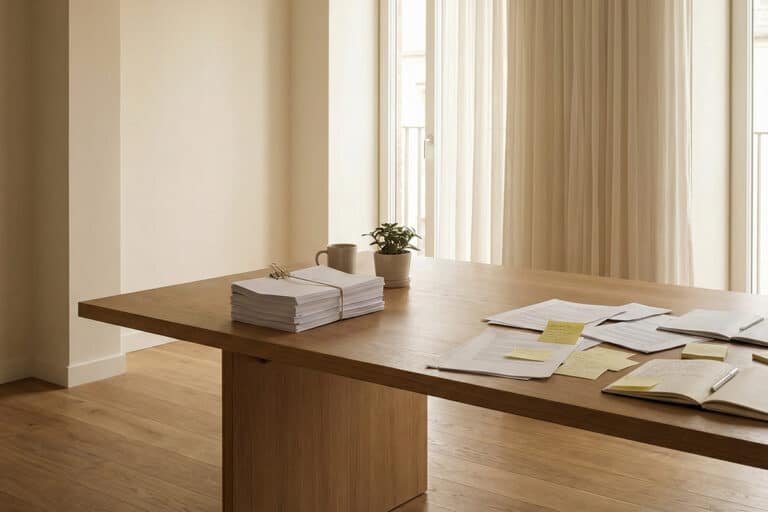 Office workspace scene illustrating editorial standards with organised documents contrasted against scattered papers.