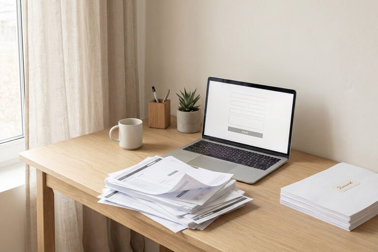 Minimalist desk scene illustrating website submission platforms, with laptop showing submission form and stacks of reviewed documents.