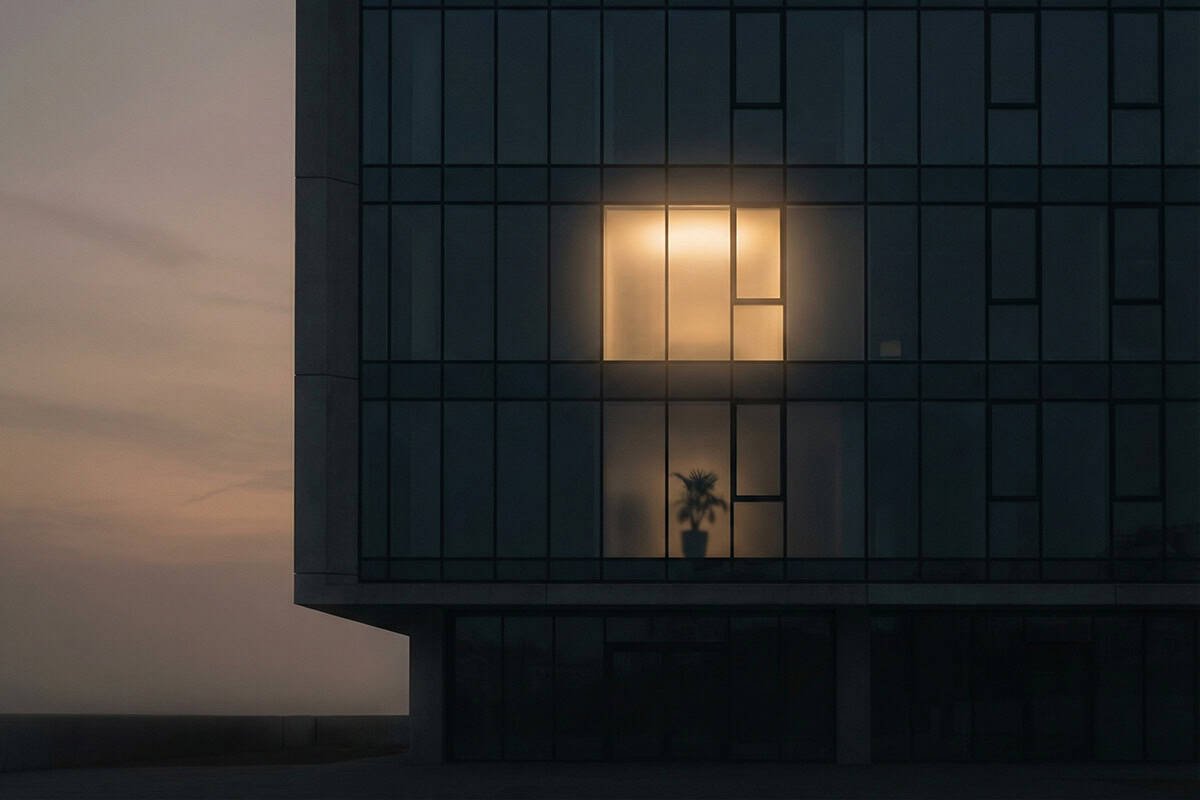 City building at dusk with one illuminated window representing the independent web