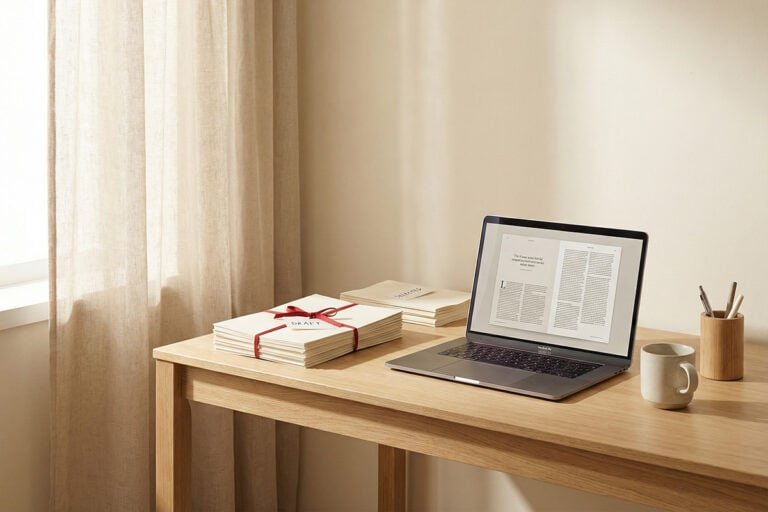 Minimalist desk workspace representing content curation, with laptop, draft pages and selected documents in natural light.