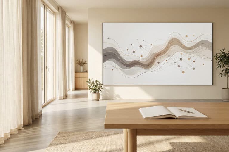 Modern office environment representing AI website discovery with abstract digital network display.
