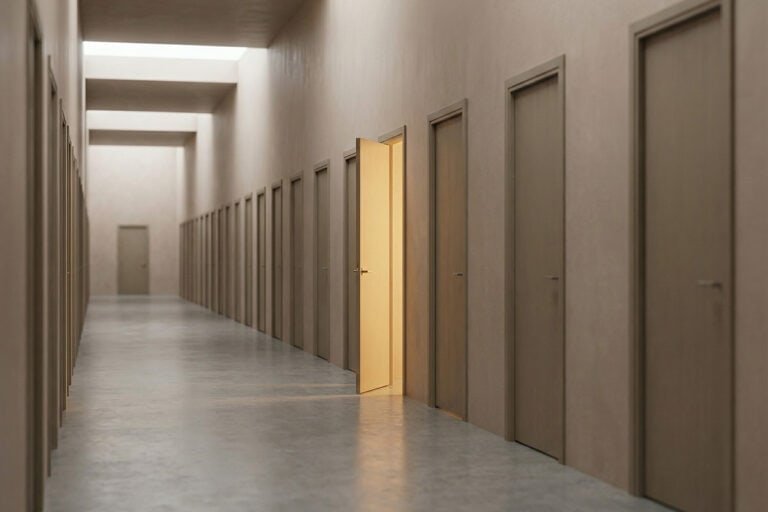 Corridor with many closed doors and one open door symbolising discovering good websites.