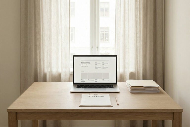 Face-on minimalist desk workspace representing website quality standards, with laptop displaying structured website layout in natural light.