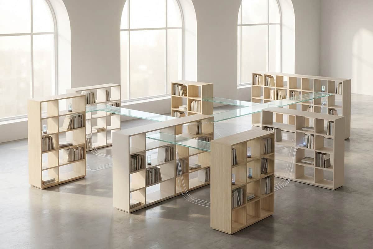 Editorial photograph representing the future of the independent web, minimalist network of interconnected bookshelves in a modern library space, each section neatly organised and subtly connected by pathways, soft natural daylight, calm neutral tones, balanced composition, conceptual representation of connected independent ideas, high-end magazine photography style, no people, no text, no logos