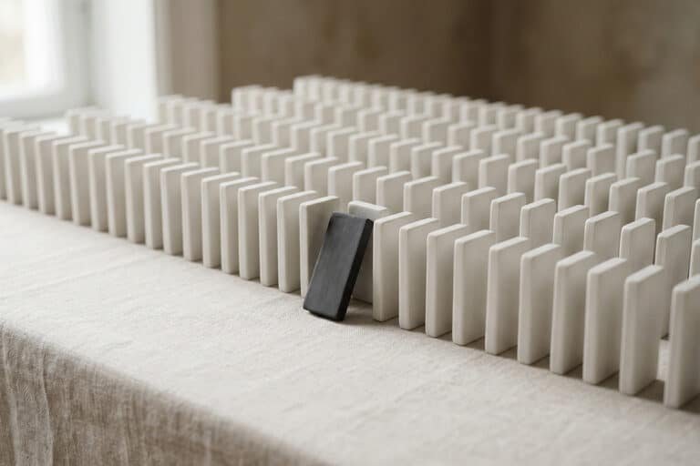 Conceptual image representing building for algorithms with uniform dominoes and one contrasting domino breaking the pattern.