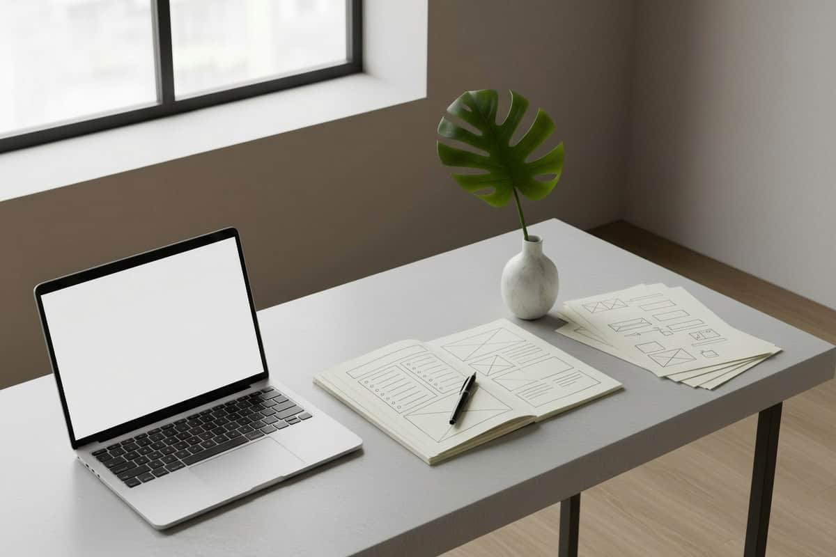 what makes a good website in 2026 minimalist workspace with clear structure and laptop