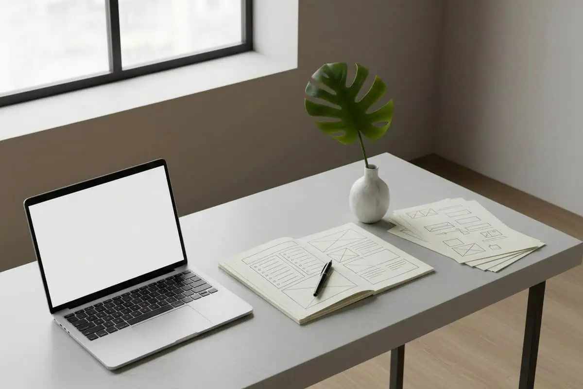 what makes a good website in 2026 minimalist workspace with clear structure and laptop