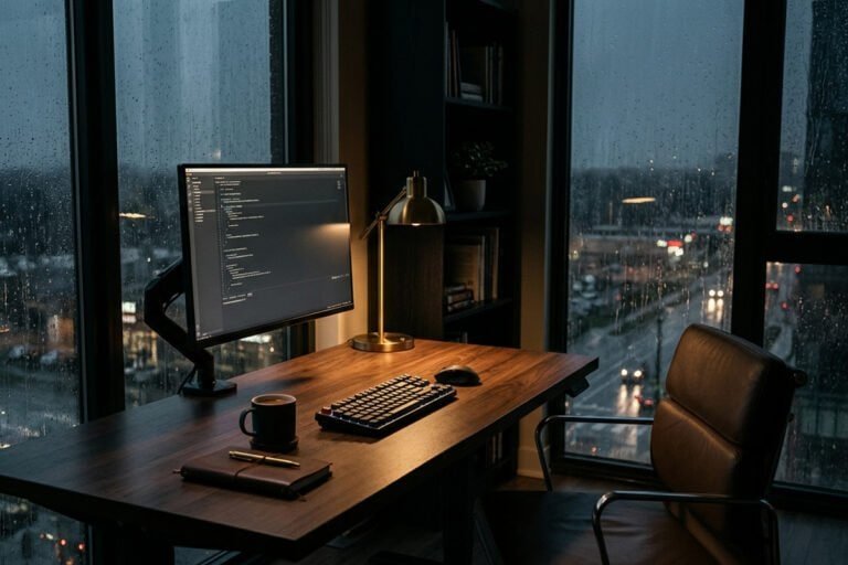 Website focus concept represented by a minimalist digital workspace with a single illuminated monitor