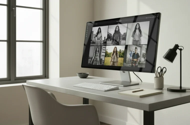 Private AI influencer image studio displayed on a creator’s desktop computer.