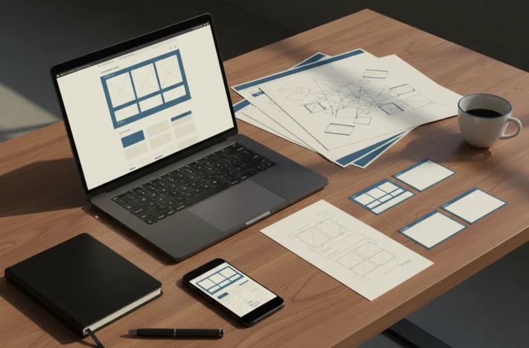 Workspace with laptop, sitemap sketches and wireframes used to plan a WordPress website.