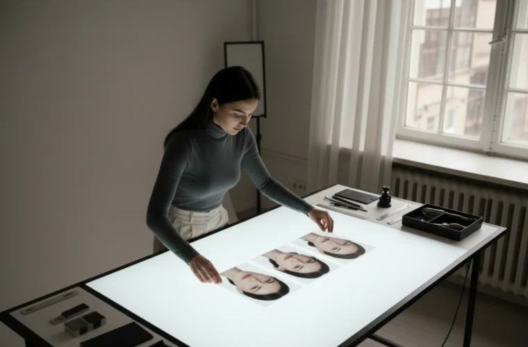 AI influencer face consistency checked using matching portrait references on a photography light table.