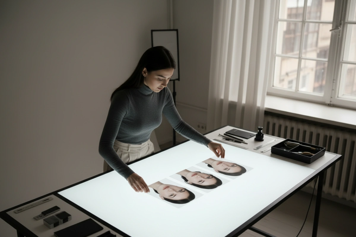 AI influencer face consistency checked using matching portrait references on a photography light table.